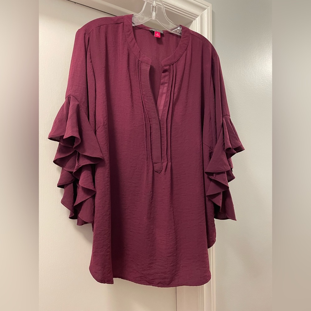 Vince Camuto Pleated Ruffled-Sleeve Blouse in Pickled Beet size 2X